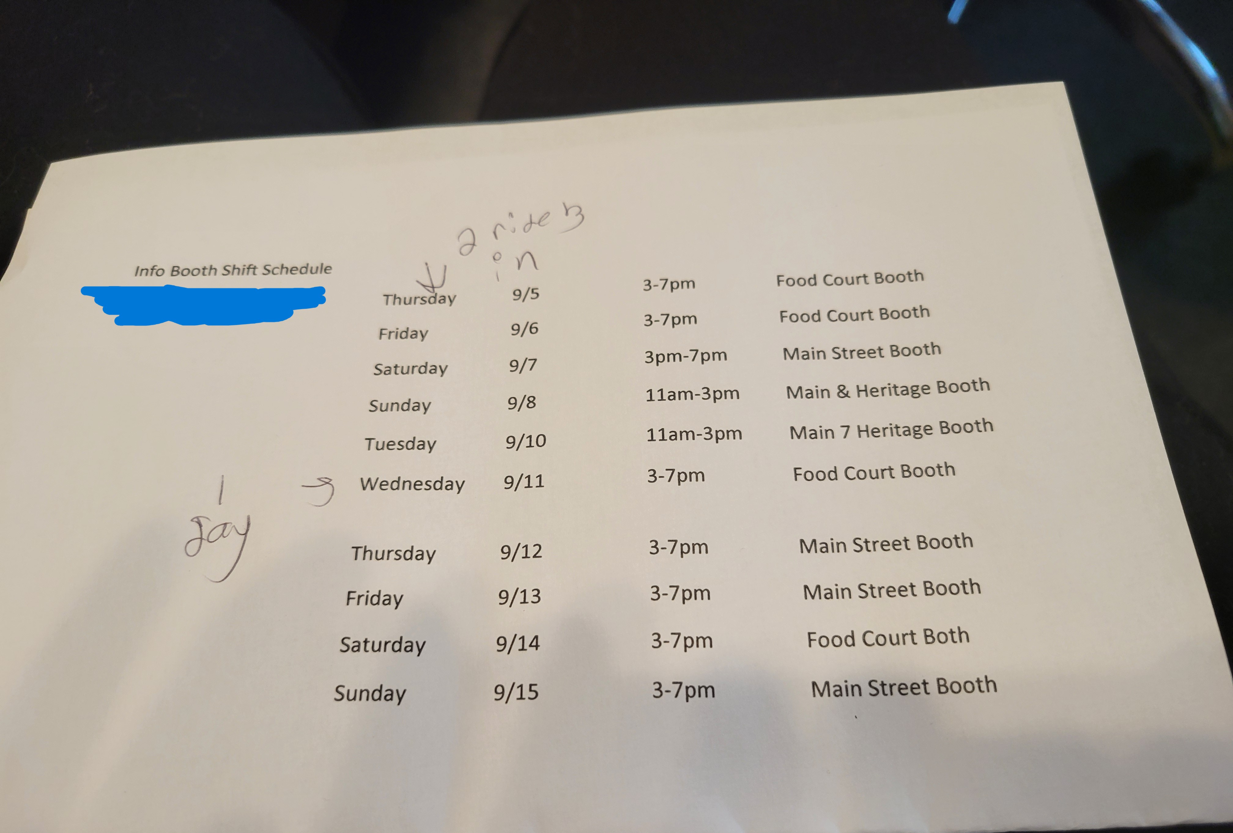 Paper that shows a state fair information booth worker's schedulce and where they are stationed each shift.